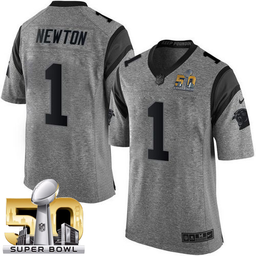 Nike Panthers #1 Cam Newton Gray Super Bowl 50 Men's Stitched NFL Limited Gridiron Gray Jersey - Click Image to Close